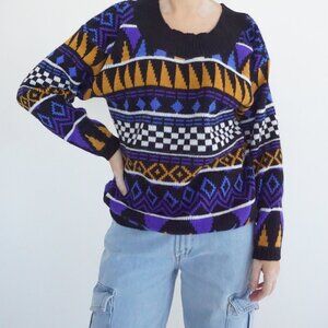 Vintage Croquet Black Geometric Fair Isle Knit Sweater Purple Gold Patterned L